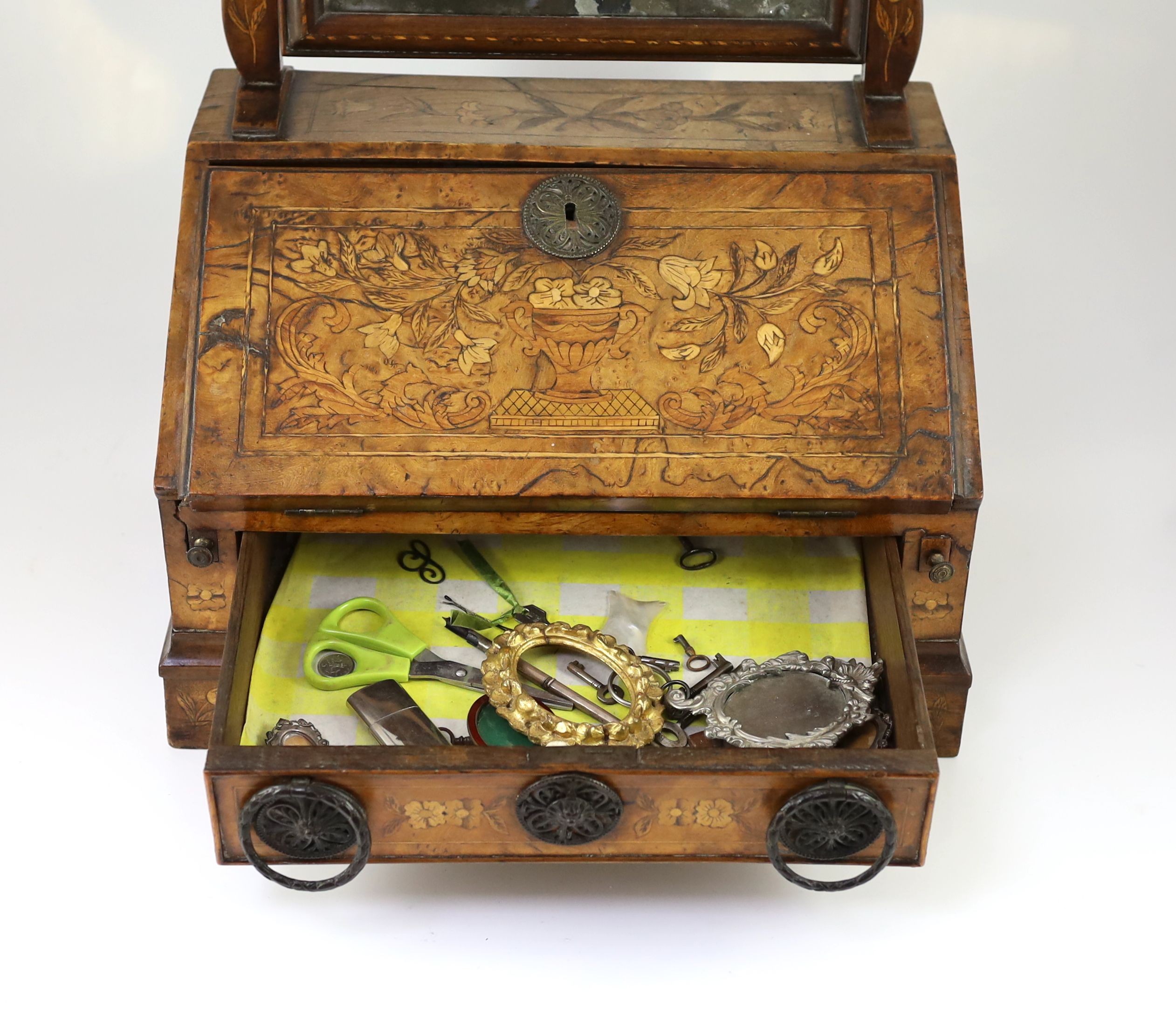 A mid to late 18th century Dutch walnut and marquetry toilet mirror bureau